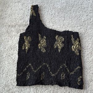 RIMA beachwear One Shoulder Smocked Crop Top | Fits S/M | Black & Gold